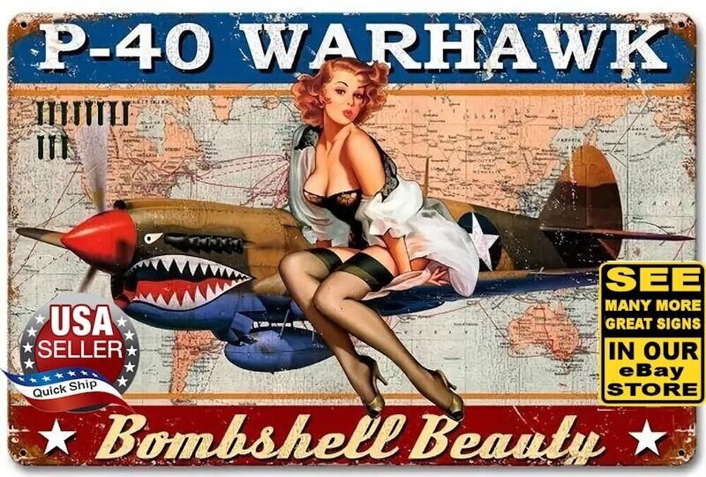 Vintage Aluminum Tin Sign • P-40 Warhawk • Pin Up Girl Bombshell Beauty • 8x12